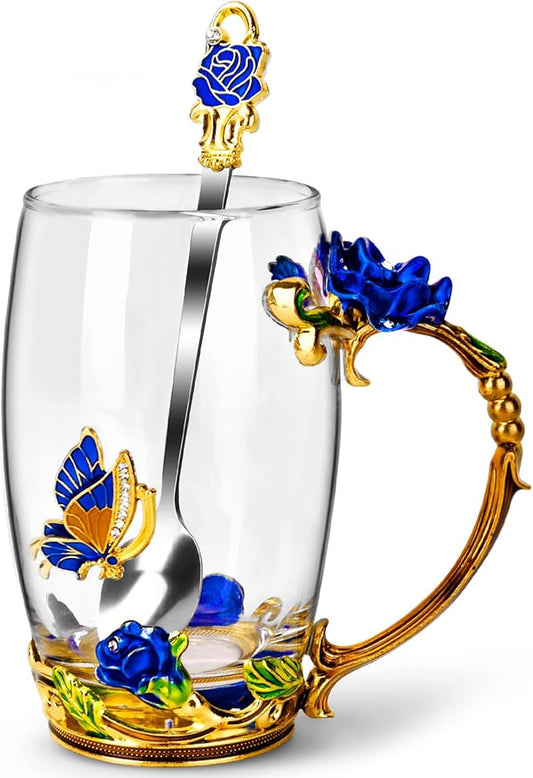 OEAGO Gifts for Mom Women Mothers Day Glass Coffee Enamels Mug Best Birthday Butterfly Rose Gifts for Her from Daughter Son Lead-Free Christmas Blue Tea Cup with Spoon Set