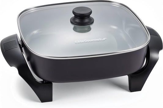 Elite Gourmet 12" x 12" x 3” Ceralast™ Ceramic Non-stick PFAS Free, Dishwasher Safe Electric Skillet, Xtra Deep Dish, Rapid Heat 1200W, Black