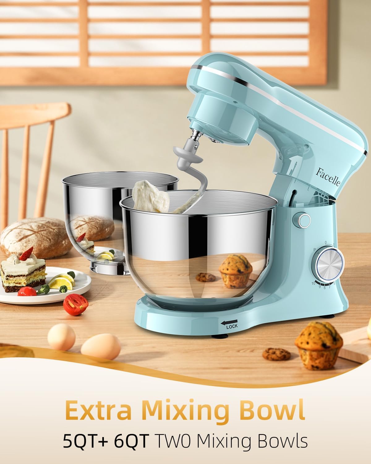 Facelle Tilt-Head Stand Mixer, 5QT+6QT Stainless Steel Two Bowls, 10 Speeds Kitchen Electric Food Mixer with Egg Whisk, Dough Hook, Beater, Dishwasher-Safe Attachment, Ideal Gift for Mom