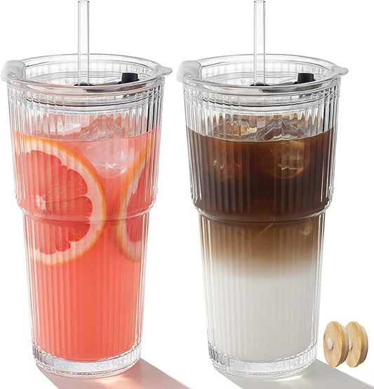 Ruckae 20oz Ribbed Glass Tumbler with Lids and Straws – 2 Pack Leak Proof Iced Coffee Cup– Aesthetic Glass Cups with Bamboo Lids for Home,Office,Travel and Gifts (2, Transparent)