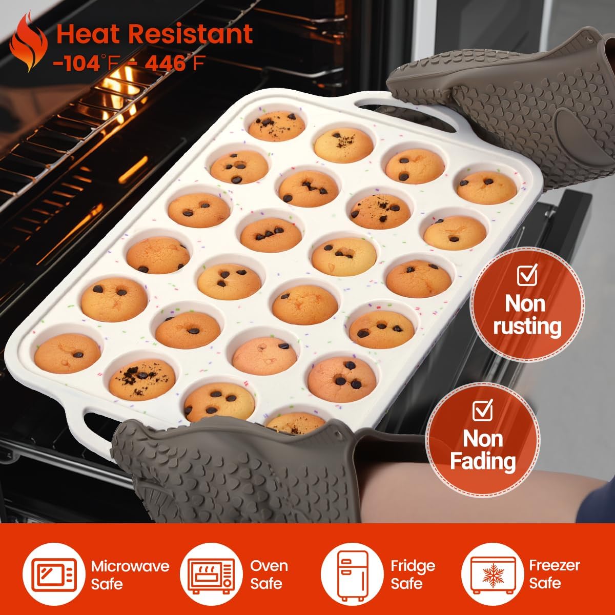 CAKETIME Mini Muffin Pan,Metal Reinforced Frame Silicone Cupcake Pan，Easy To Handle Nonstick 24 Cups Small Muffin Pan, White