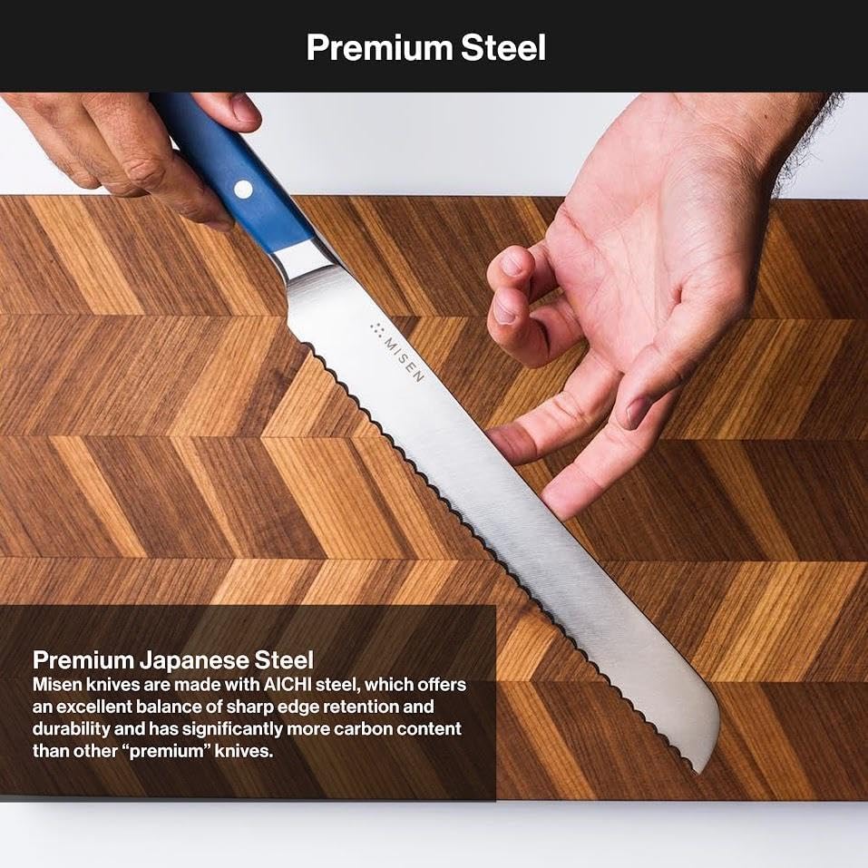 Misen Serrated Bread Knife – High-Carbon Japanese AUS8 Steel – Effortless Slicing of Bread, Pastries, and Fruits – Razor-Sharp Edge and Durable Blade with Ergonomic Handle - 8", Blue