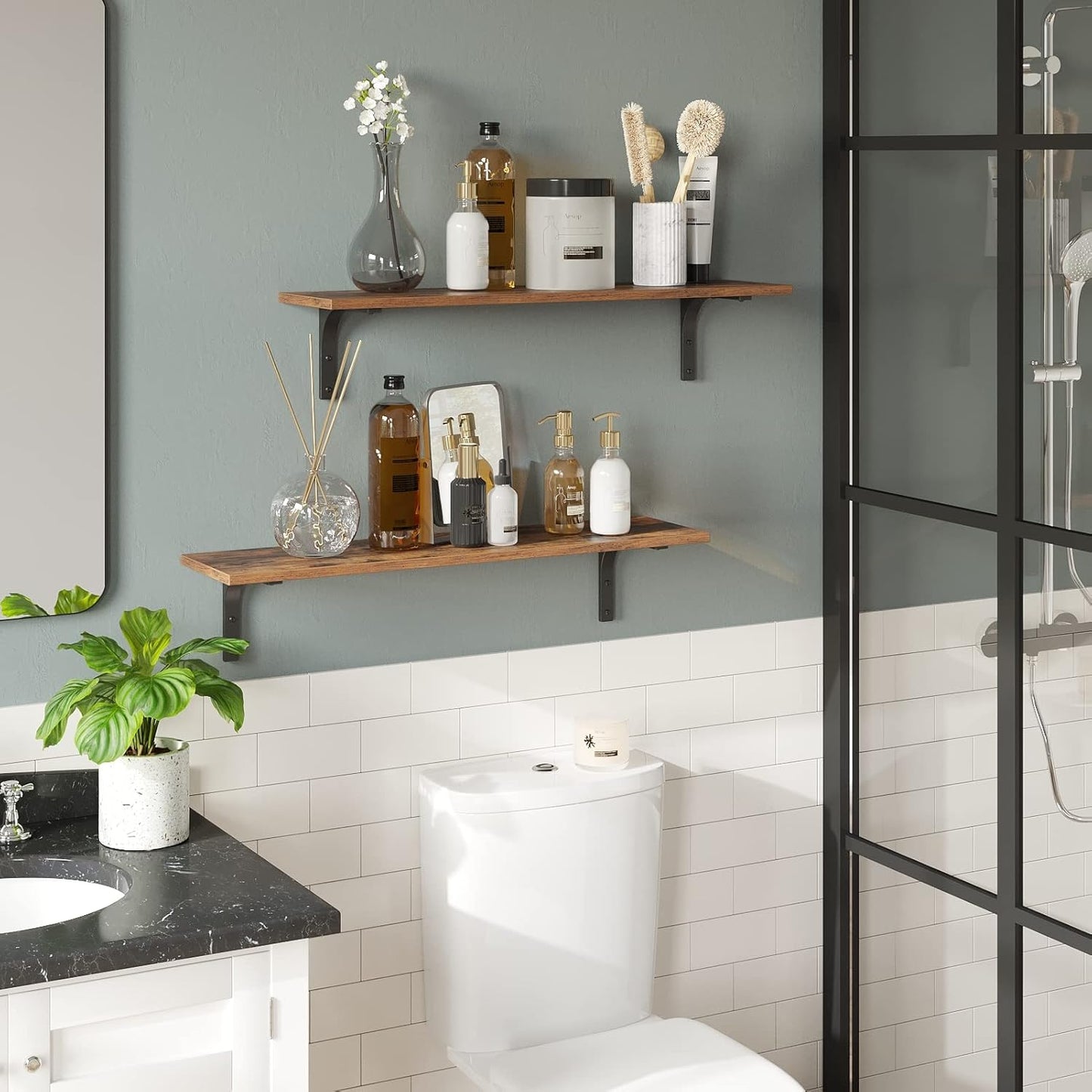 DINZI LVJ Long Wall Shelves, 31.5 Inch Wall Mounted Shelves Set of 2, Easy-to-Install, Wall Storage Ledges with Sturdy Metal Brackets for Living Room, Bathroom, Bedroom, Kitchen, Rustic Brown