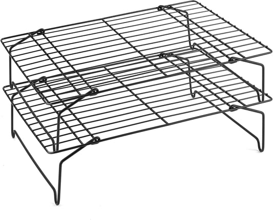 P&P CHEF Cooling Rack Set of 2, 2-Tier Stackable Stainless Steel Wire Racks for Baking Cooking Cooling Roasting, Collapsible & Heavy Duty, Oven Safe & Easy Clean, 15" x 10", Black