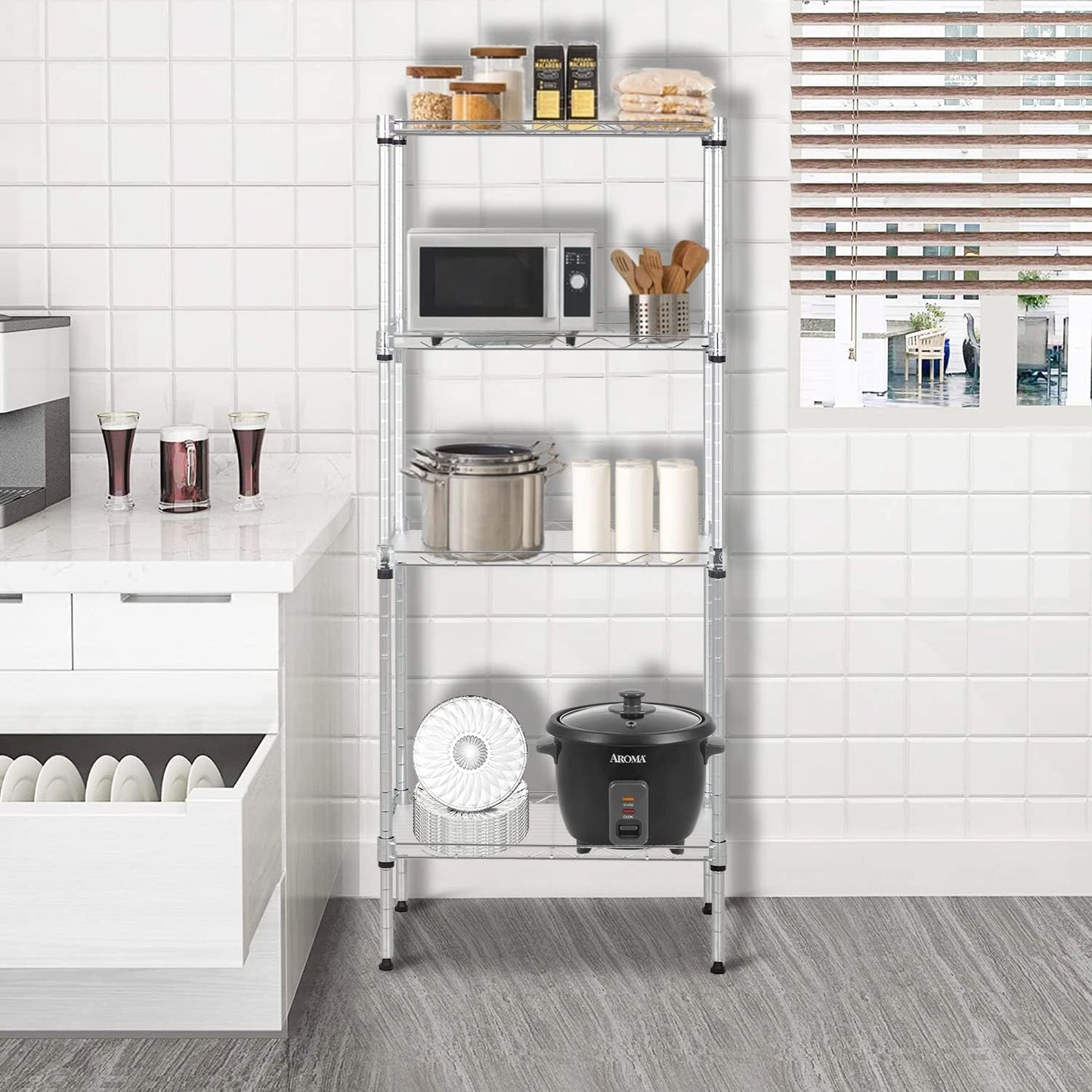 FDW 18L x 12W x 44H Wire Shelves with 4 PP Sheets Metal Shelf Storage Shelves 4 Tier Layer Storage Shelves for Laundry Bathroom Kitchen Garage,Chrome