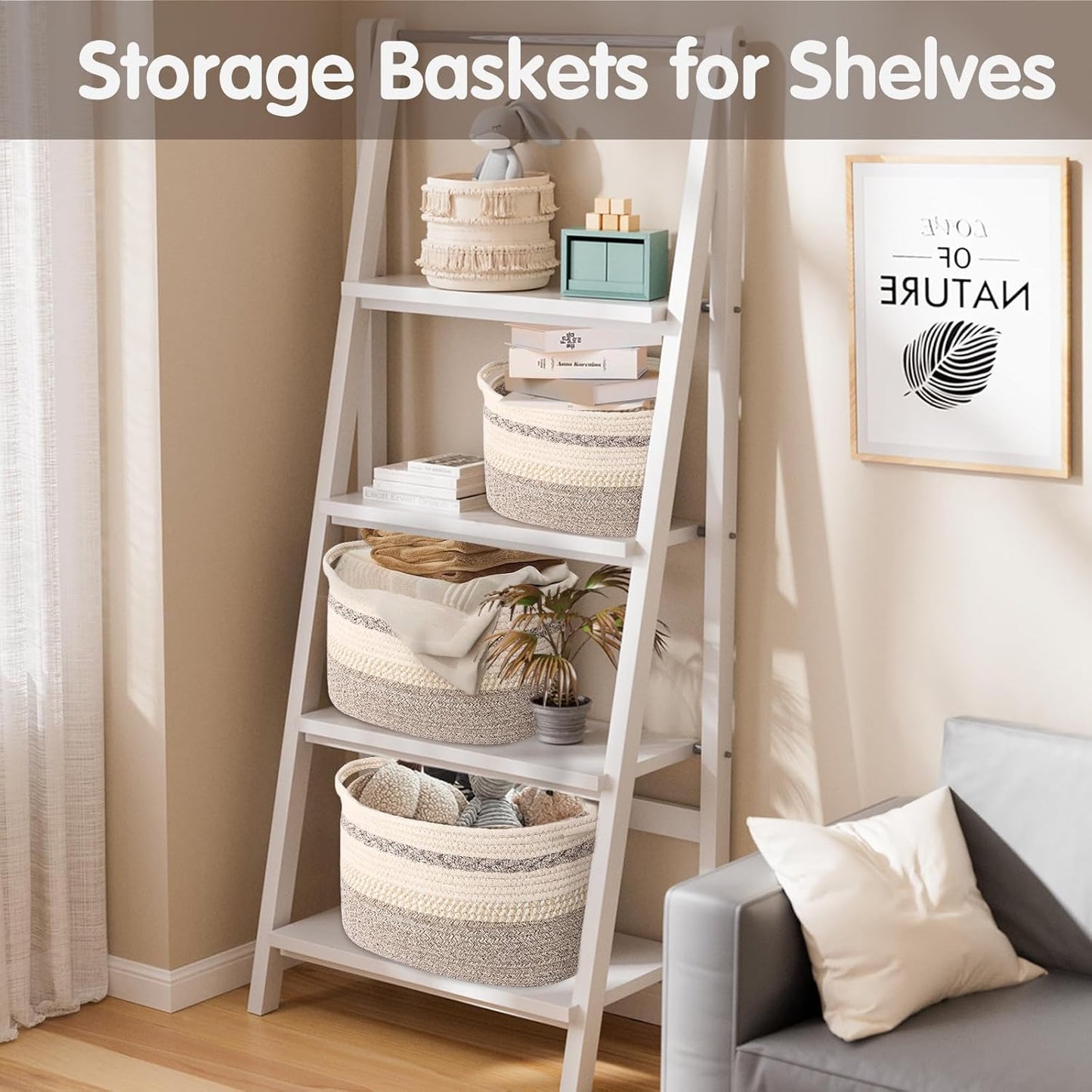 Woven Storage Basket, 3 Pack Brown Rope Basket for Shelves, HandWoven Cotton Rope Basket with Built-in Handles and Labels for Bathroom, Bedroom, Laundry, Pantry, Shelves