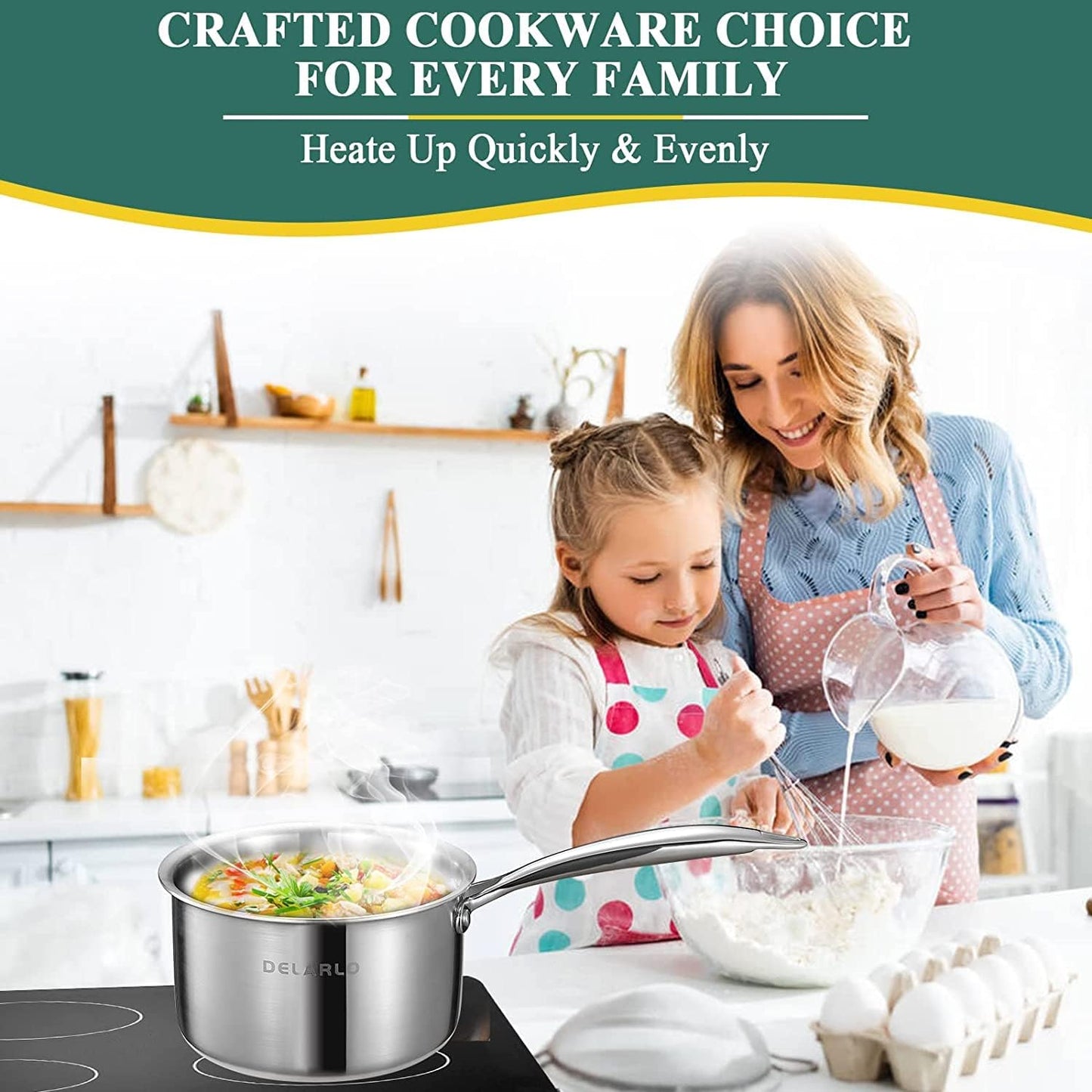 DELARLO Sauce Pan, Oven Broiler Safe 600℉,Tri-Ply Stainless Steel Saucepan Set, 1.0QT, 2.5QT Sauce Pot, Cookware Sets for Induction Cooktop