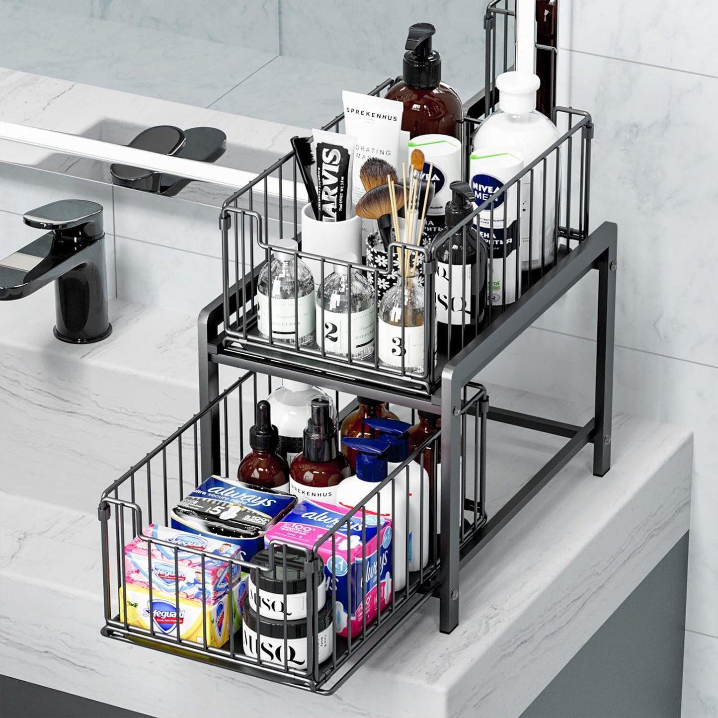 2 Tier Sliding Basket Drawer Organizer, Lxmons Pull Out Under Sink Cabinets Organizers, Metal Home Shelf for Bathroom or Kitchen, Sliding Countertop or Pantry Storage Shelf, Large Black