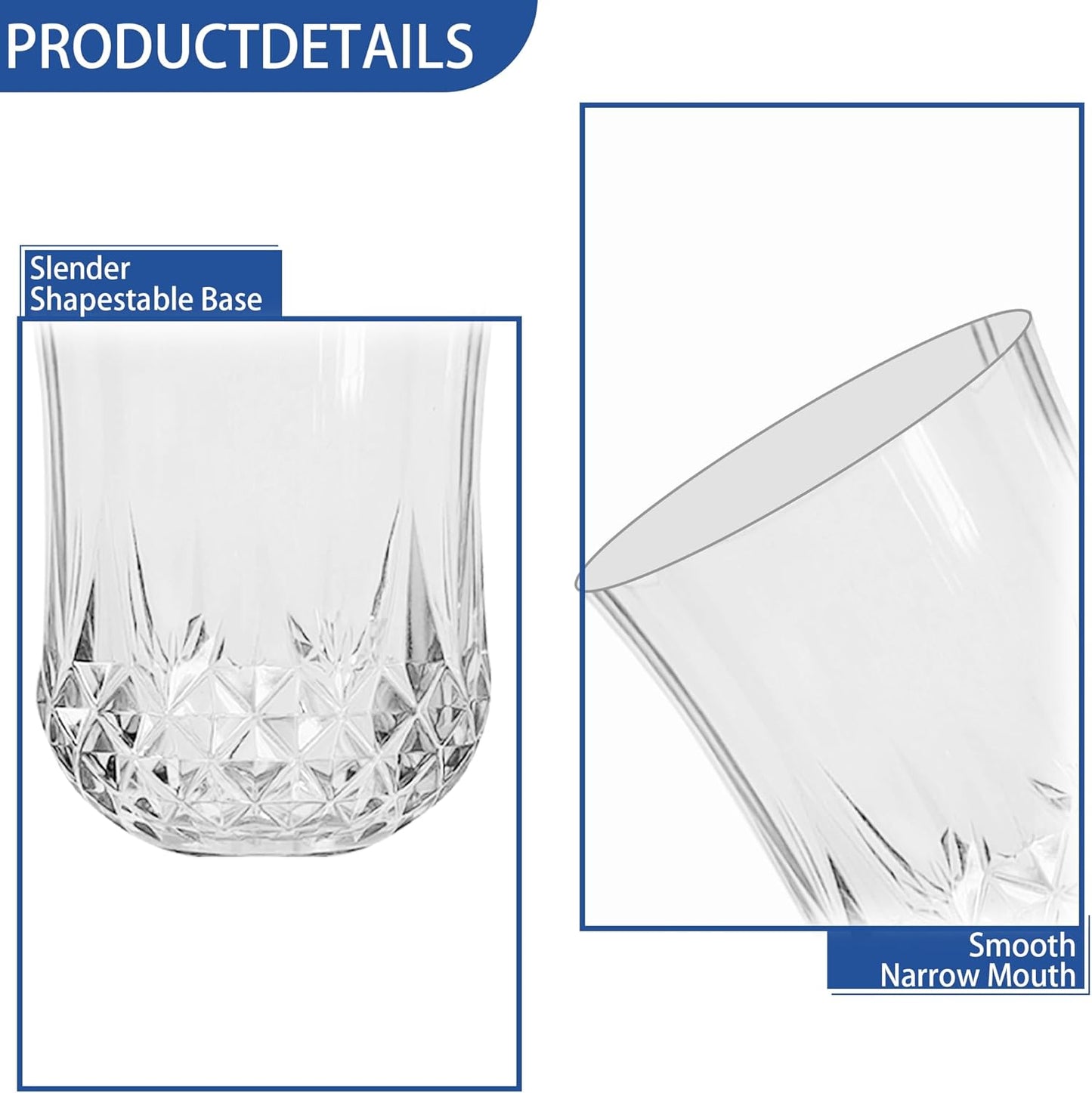 48 PCS Transparent Stemless Wine Glasses，Plastic Reusable Cups 9OZ Vintage Drinking Glasses Tumblers for Whisky, Beer, Juice, Beverages, Cocktai