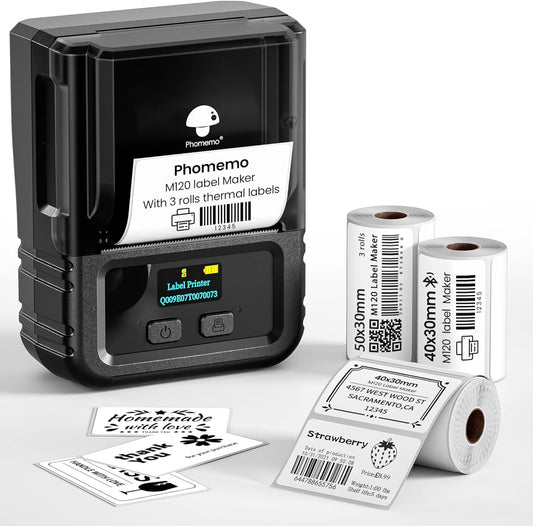 Phomemo M120 Label Maker, 2 Inch Bluetooth Thermal Label Printer with 3 Rolls Thermal Label(4030/4030/5030mm), Label Maker Machine for Small Business, Barcode, Address, Sticker Printer for Phone & PC
