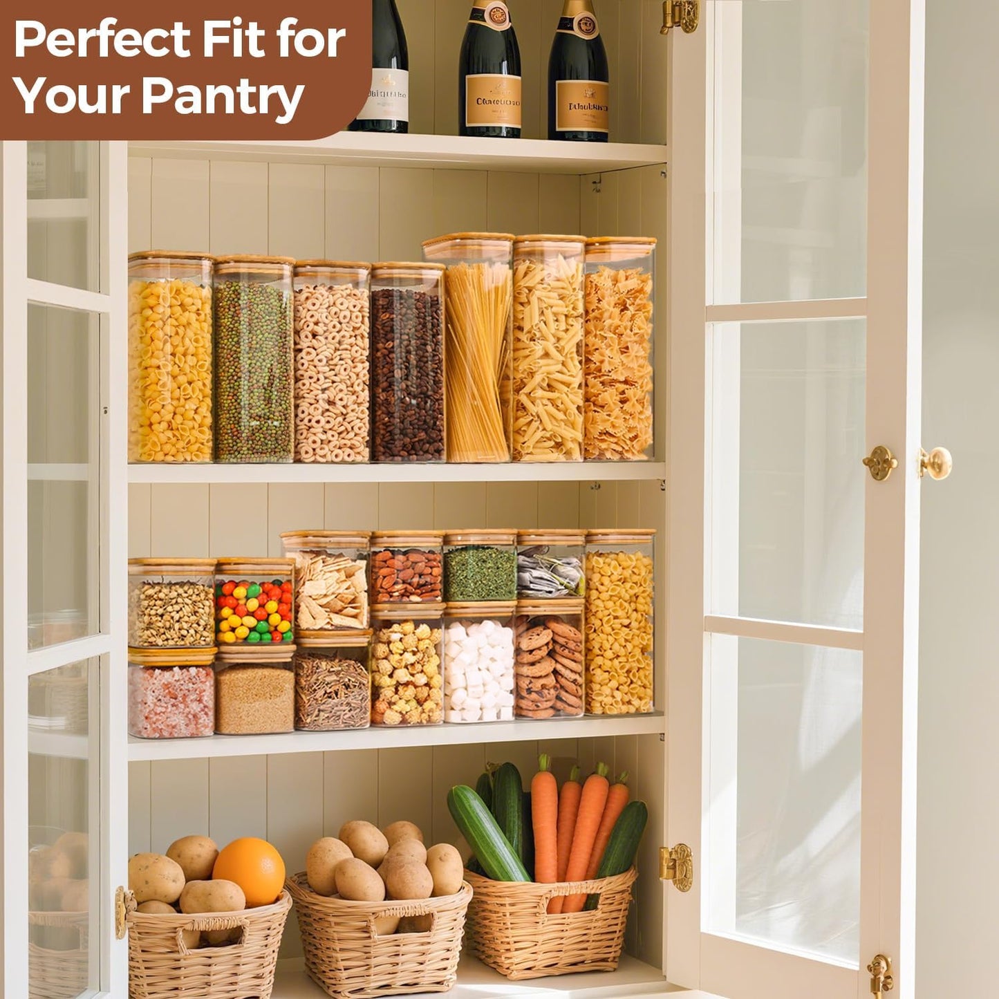 ComSaf Glass Spaghetti Pasta Storage Containers with Lids 2.2 Qt Set of 3, Tall Clear Airtight Food Storage Jar with Lid for Noodles Flour Oat Cereal Sugar Beans, Sqaure Spaghetti Pantry Containers