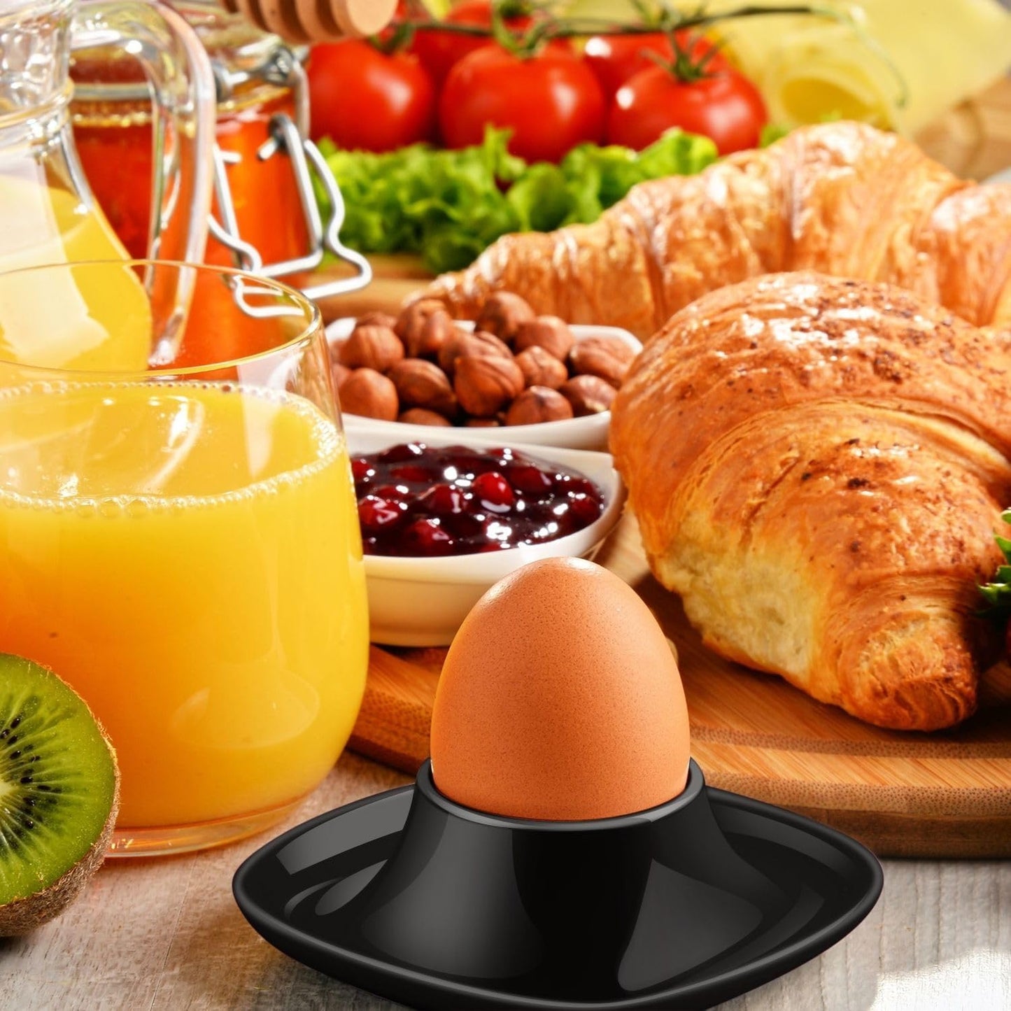 Flexzion Soft Boiled Egg Holder Set - 4-Piece Black Ceramic Egg Cup, Stackable Egg Coddler Cups with Base for Serving, Breakfast, Brunch - Kitchen Table Decor, Black
