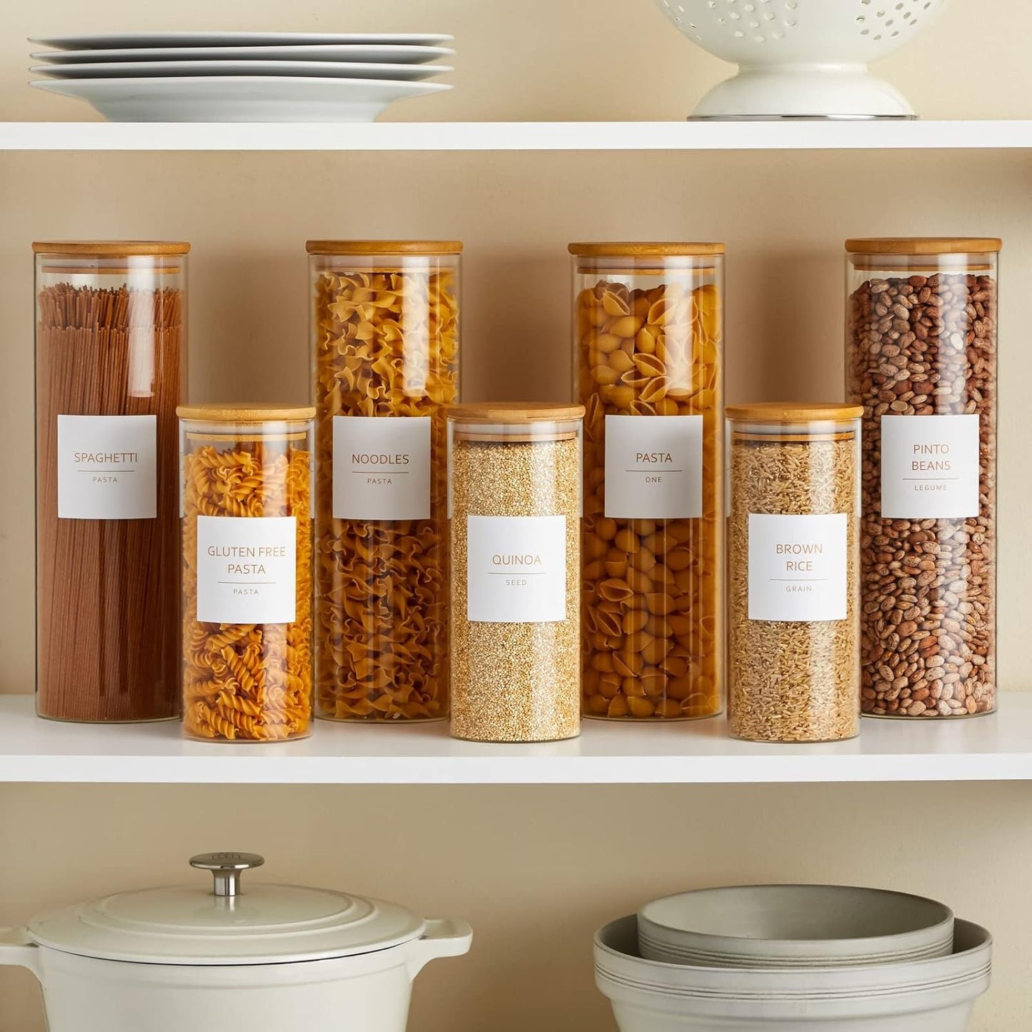 Talented Kitchen Labels for Storage Bins & Food Containers - 2.5 x 2.5-Inch Matte White Vinyl Squares - Metallic Gold Text Peel & Stick - Water-Resistant for Jars & Pantry Organization