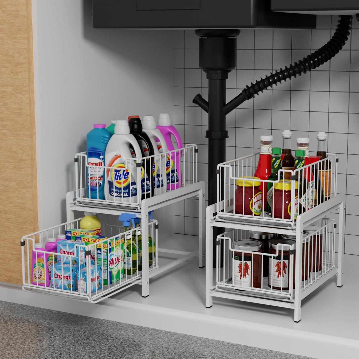 2 Tier Sliding Basket Drawer Organizer, Pull Out Under Sink Cabinets Organizers, Metal Home Shelf for Bathroom or Kitchen, Sliding Countertop or Pantry Storage Shelf, Large White