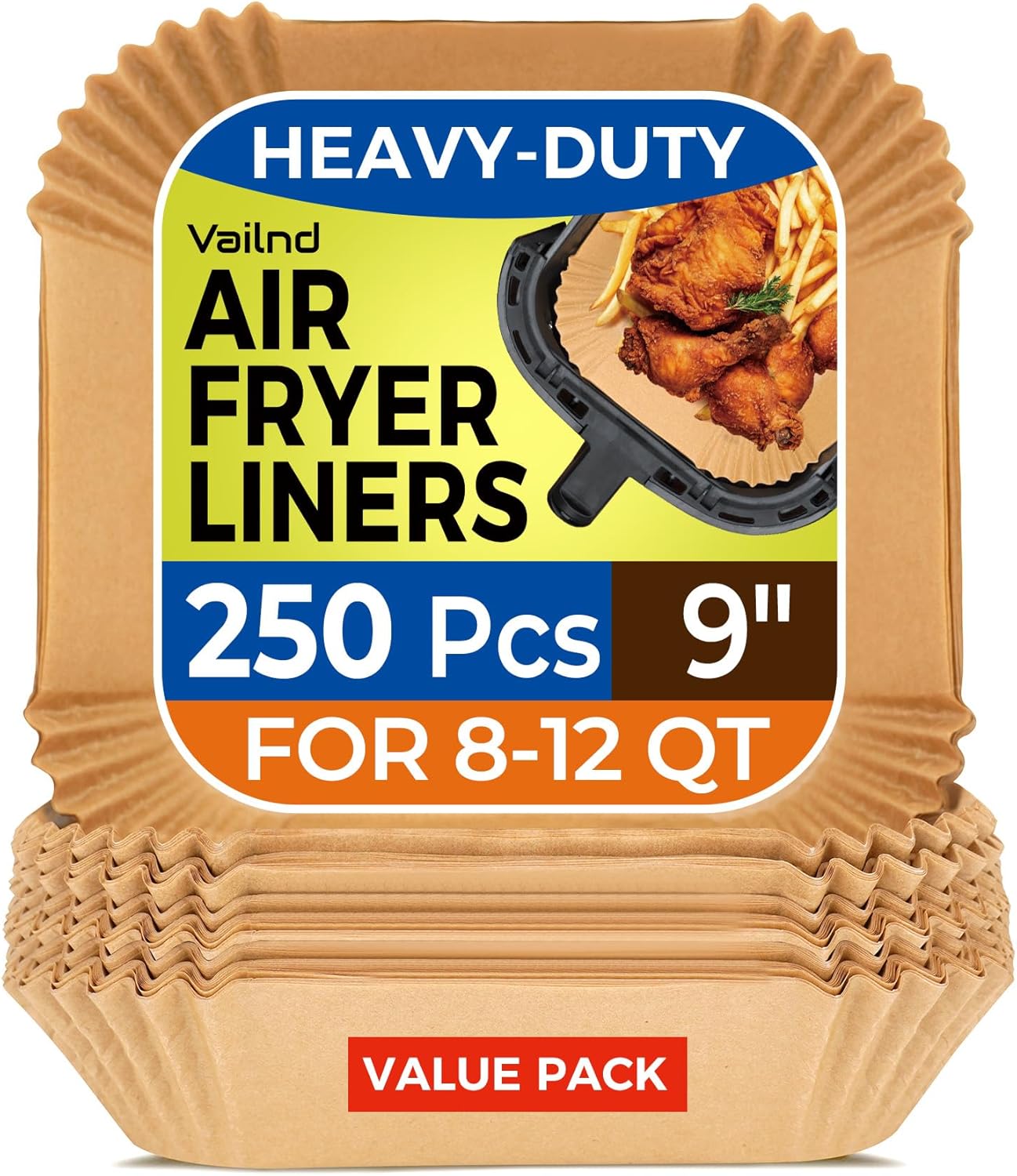 Vailnd Air Fryer Disposable Paper Liners 9inch Square, 125PCS Non-Stick Food Grade Air Fryer Parchment Paper, Oil Resistant & Waterproof Baking Liner for 8-12 QT Air Fryer Oven