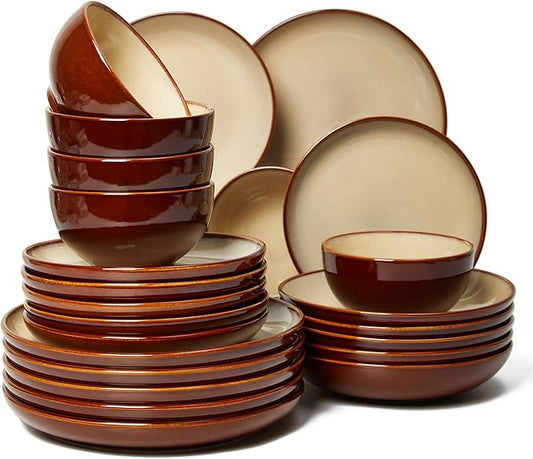 24 Piece Double Bowl Dinnerware Sets with Pasta Bowls, Highly Chip and Crack Resistant Plates and Bowls Sets, Natural Earthyware Ceramic Dishware Sets, Service for 6 Brown Yellow