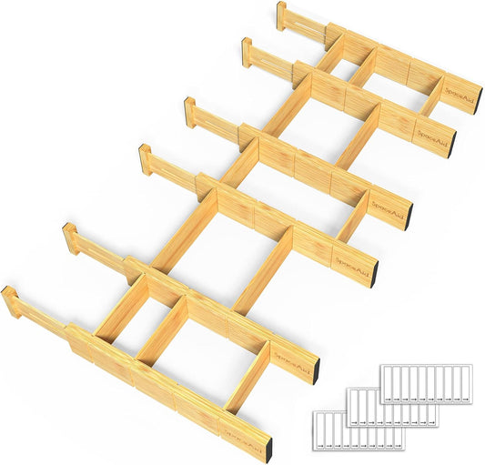 SpaceAid Bamboo Drawer Dividers with Inserts and Labels, Kitchen Adjustable Drawer Organizers, Expandable Organization for Home, Office, Dressers and Bathroom, 6 Dividers with 12 Inserts (13.25-17 in)