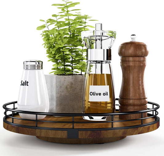 Farmhouse Oak 10" Lazy Susan Turntable Organizer for Cabinet, Round Wooden Lazy Susan Organization and Storage for Dining Table, Pantry, Kitchen, Countertop, Cupboard,Home Decor, Walnut Wood