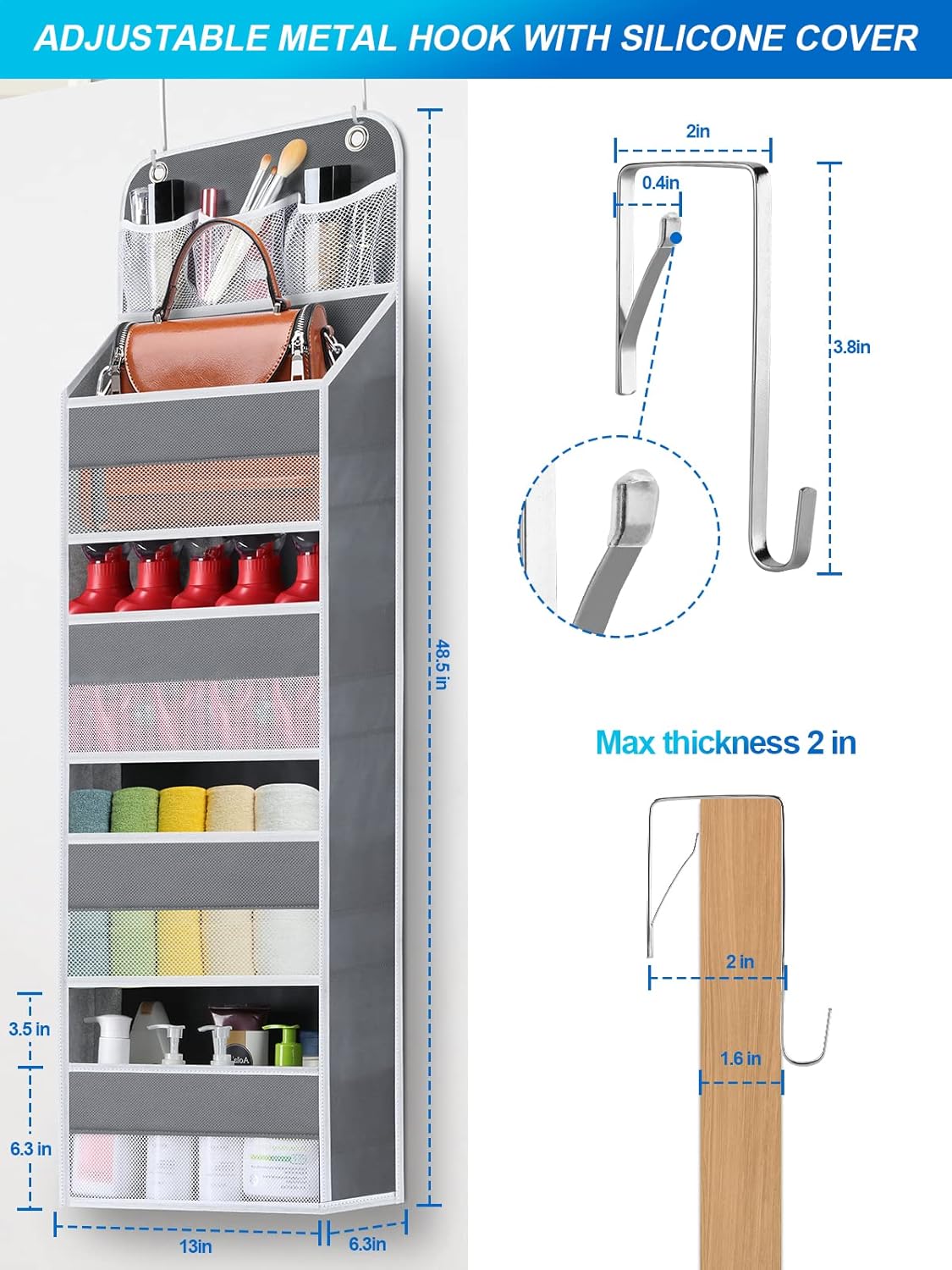 2 Pack Over The Door Organizer, Hanging Storage Organization with Large Capacity Pockets, Swing-Proof Behind Door Storage Shelf for Kicthen Bedroom Nursery Kids Toys Shoes, Grey