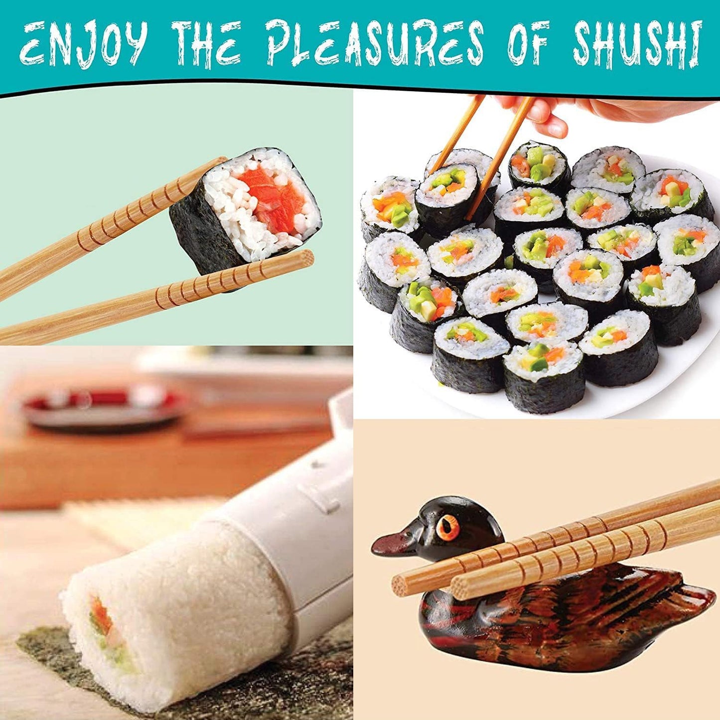 Sushi Making Kit, 22pcs Roller Maker for Beginners With Guide Book, Bazooka, Knife, Mat, Avocado Slicer, Chopsticks, Sauce Dishes & More - Sushi Lover's Gift