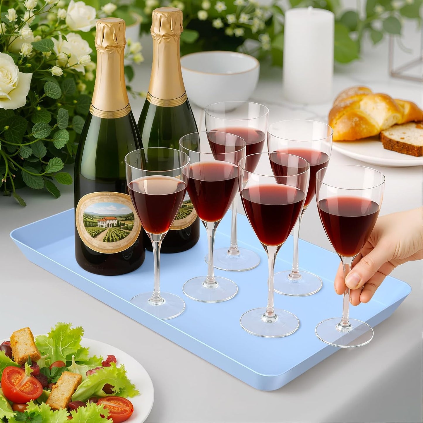 WOWBOX 6 pcs Serving Tray for Entertaining, Serving Platters for Snacks, Fruit, Cookies, Dessert, Reusable Plastic Trays for Serving Food and Pantry Organization in Kitchen & for Parties, (Blue)