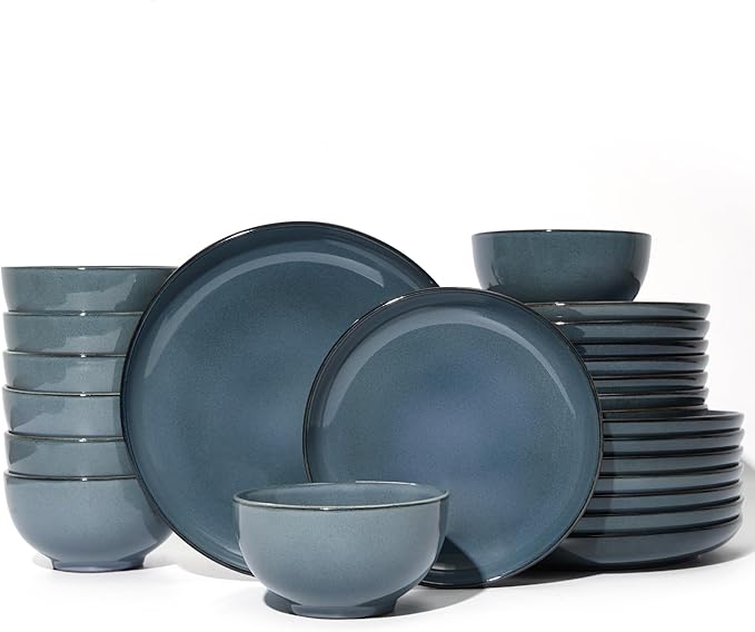 24 Piece Dinnerware Set for 8, Santorini Mist Terracotta Plates and Bowls Sets, Complete Stoneware Dish Set for Large Families and Entertaining, Microwave & Dishwasher Safe, Jeans Blue