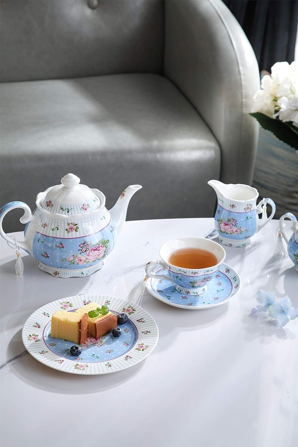 London Boutique Porcelain Teapot Sugar Bowl and Cream Milk Jug Shabby Chic Vintage Floral in Gift box 40oz (Cream & Sugar Set Rose Blue)
