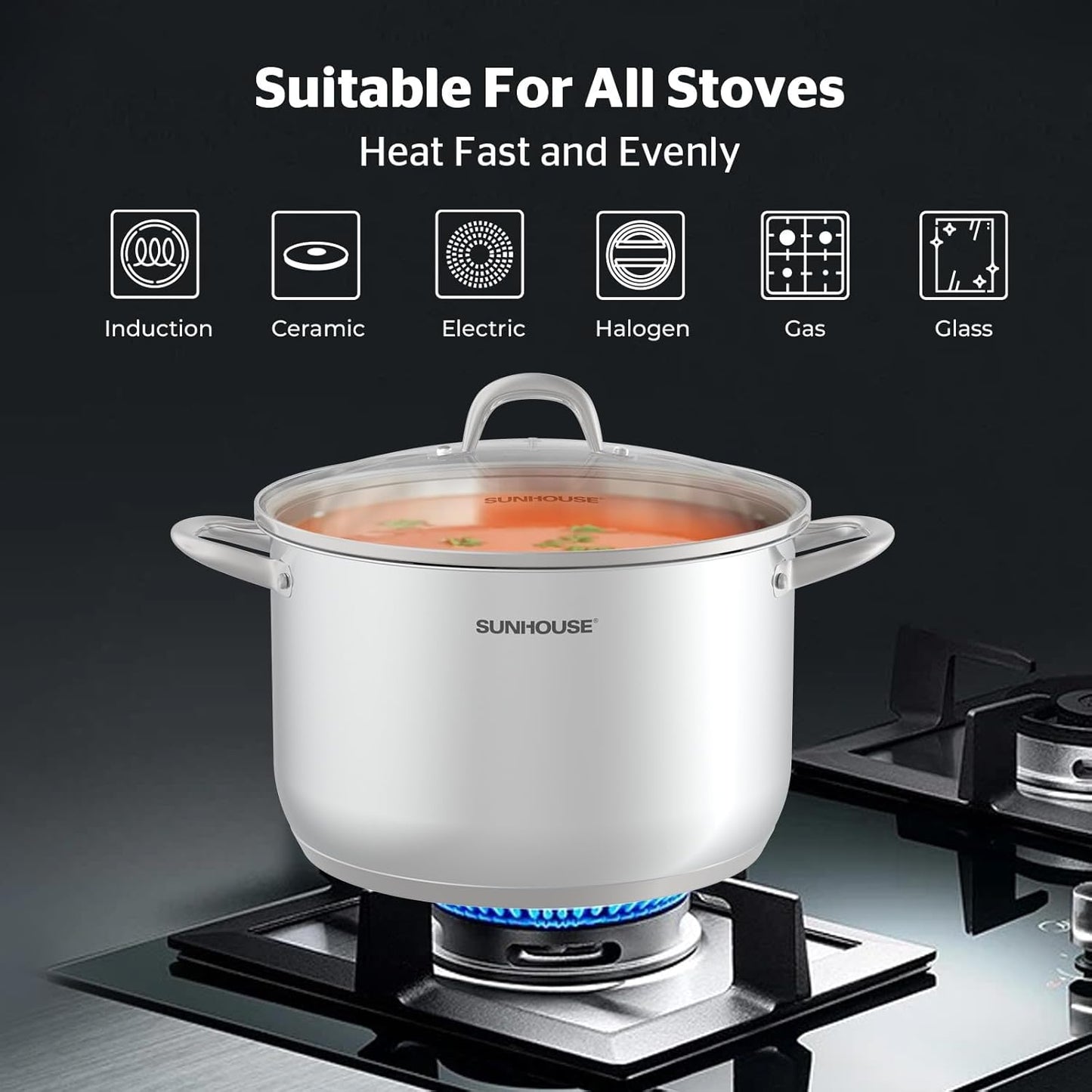 SUNHOUSE 13-Quart Stainless Steel Stockpot w/Tempered Glass Lid - Heavy-Duty, Food-Grade Cookware for Simmering, Boiling, and Induction Cooking - Exceptional Heat Distribution
