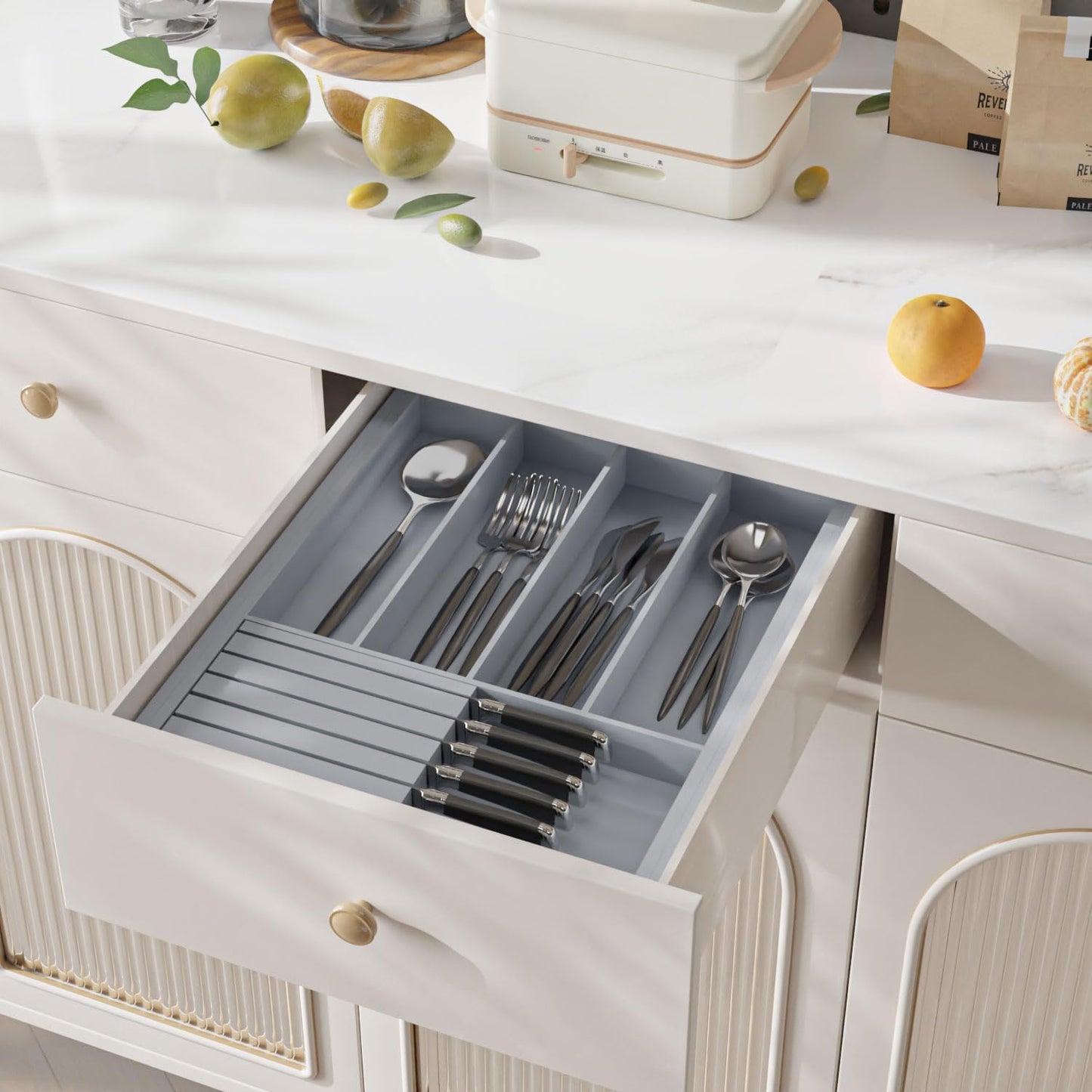 Large Utensil Drawer Organizer with Divider - Removable Kitchen Knife Holder Bamboo Adjustable Flatware Organizer for Drawer W12.8-20.2" x L16 x H2 (Grey)