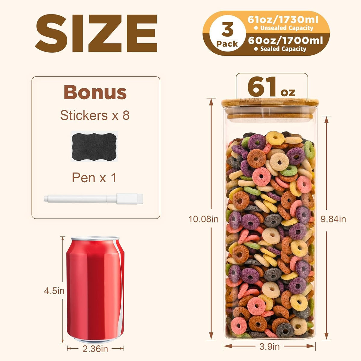 Glass Food Storage Jars Square 61oz, 3 Pack Glass Jars With Bamboo Lids, Kitchen Storage Containers For Spice, Candy, Cookie, Storage For Pantry Organizers