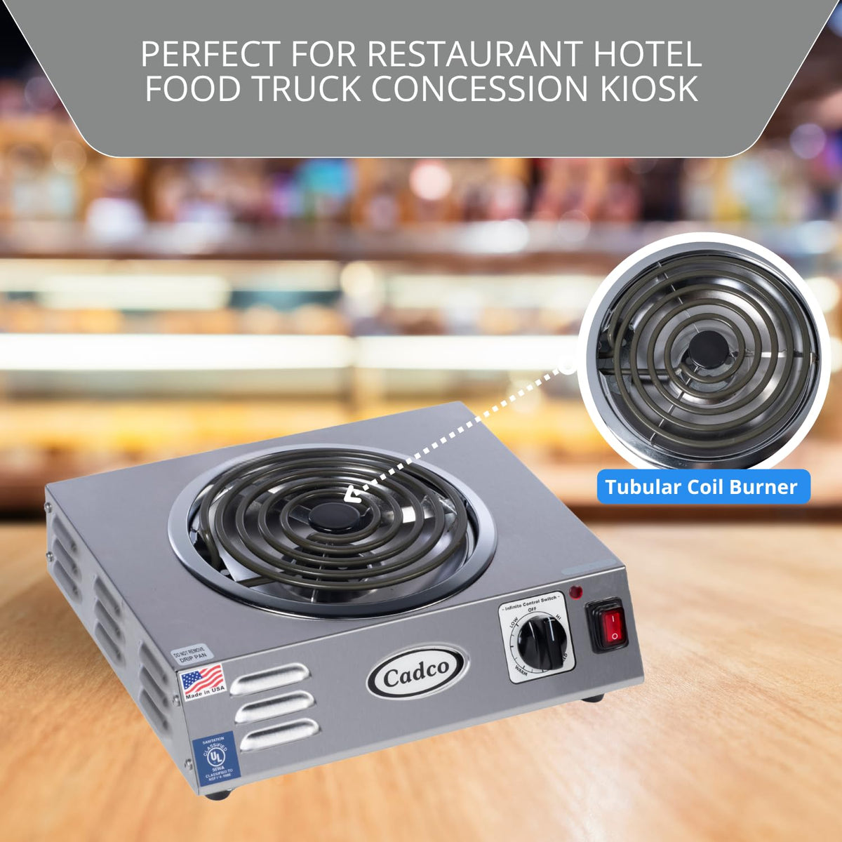 Cadco CSR-3T(220) 14" Electric Portable Countertop Hi-Power Hot Plate w/One Tubular Burner for Restaurant Hotel Food Truck Concession Kiosk, Stainless Steel, 220v