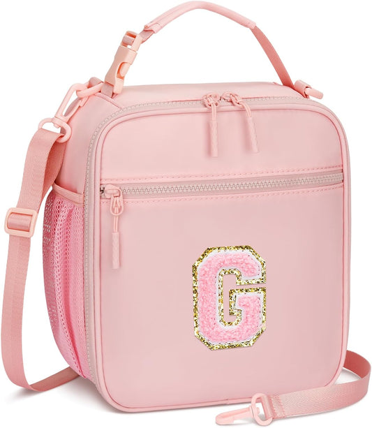 Initial Insulated Lunch Bag for Girls Kids, Back to School Gift, Reusable Leak-proof Lunch Box with Adjustable Strap for School Daycare Travel Picnic (Pink,G)