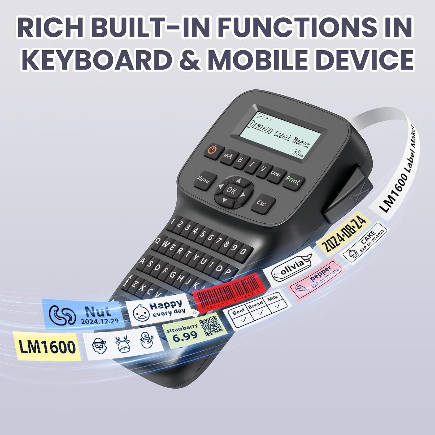 Label Maker Machine with-Tape Waterproof, Rechargeable Label Maker Portable, Keyboard Label Makers with Backlit Screen, Bluetooth Labeler for School Office Industrial Use, LM1600 Black