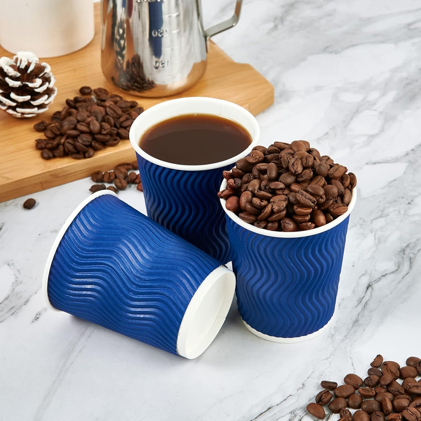 JollyPack 120 Pack 8 oz Paper Coffee Cups, Blue Disposable Beverage Cups with Insulated Ripple Wall for Coffee, Tea, and Hot Chocolate