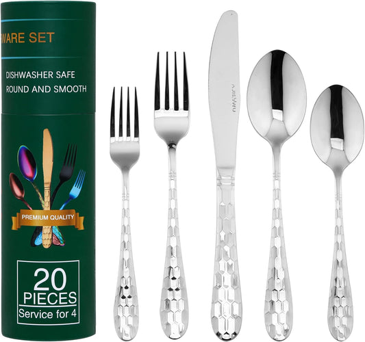 20-Piece Silverware Set, Flatware Cutlery Silverware Set Service for 4, 18/10 Hammered Stainless Steel Utensils Tableware Set Include Knife Spoon Fork, Unique Design, Mirror Polished (Silver)