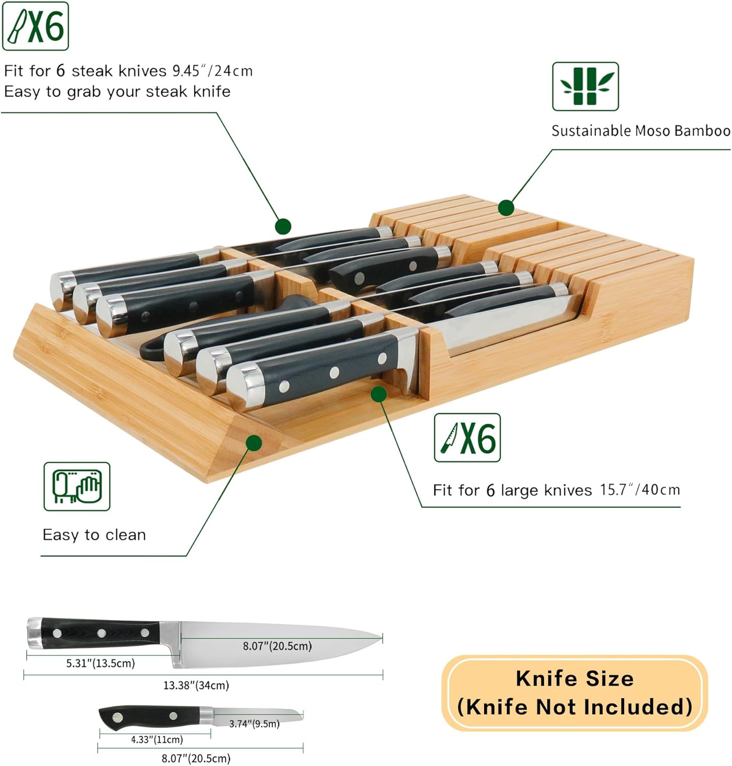 Utoplike in-Drawer Knife Block Bamboo Kitchen Knife Drawer Organizer, Large Handle Steak Knife Holder Without Knives, Fit for 12 Knives and 1 Sharpening Steel (Not Included)