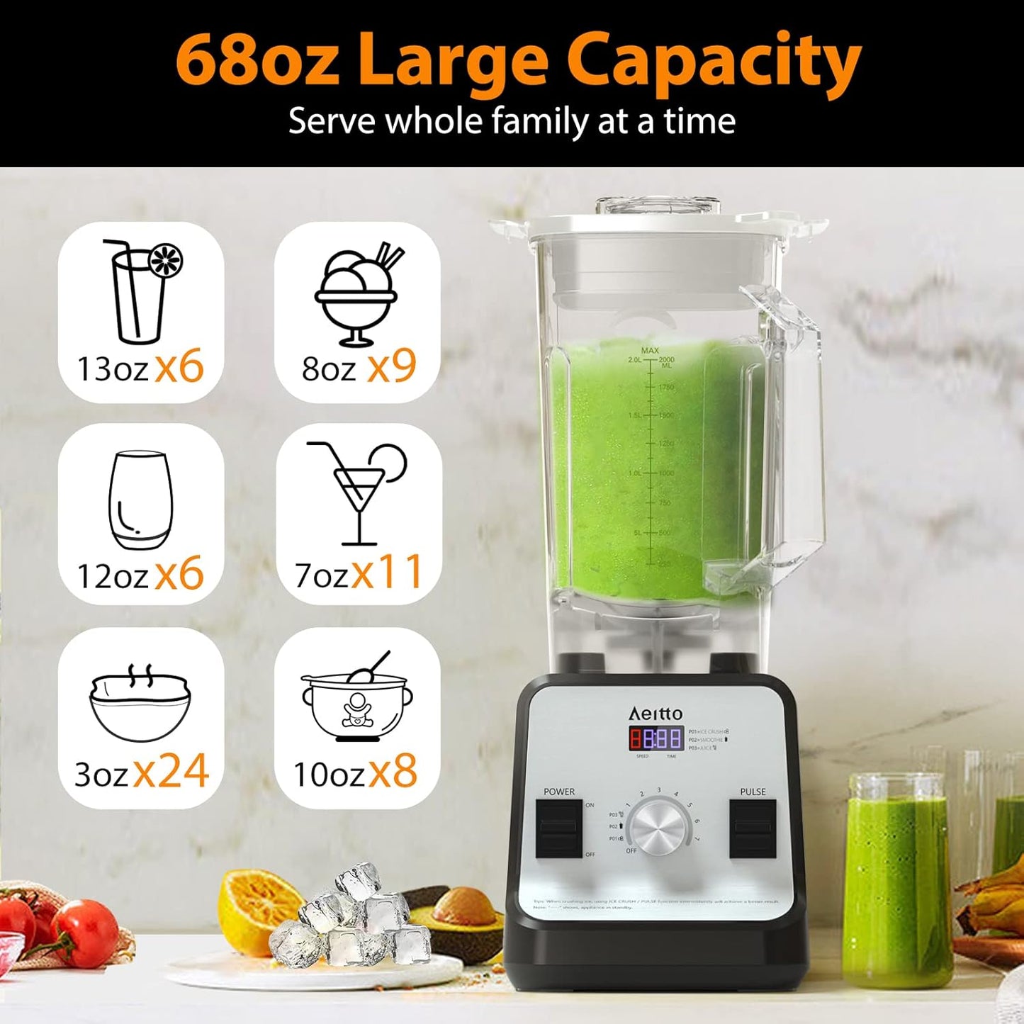 Aeitto Blender, Blenders for Kitchen with 1500-Watt Motor, 68 Oz Large Capacity, Professional Countertop Blenders for Ice Crush, Frozen Drinks, Silver