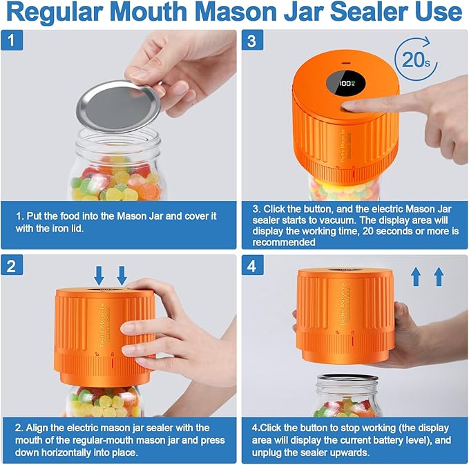 Electric Mason Jar Vacuum Sealer Kit for Wide Mouth and Regular Mouth Mason Jar - Orange