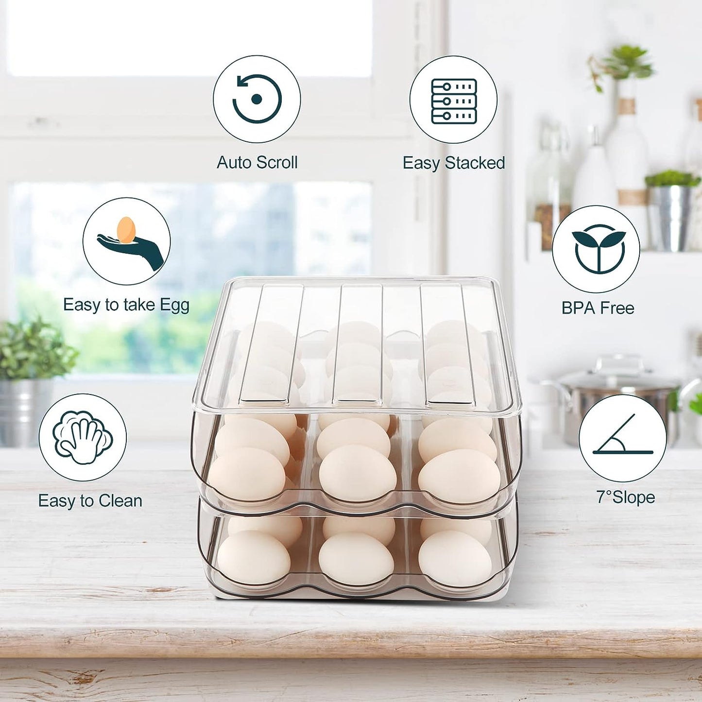 Egg Holder for Fridge, Automatically Rolling Egg Storage Container for Refrigerator,Large Capacity Egg Organizer for Fridge with Lid,Clear Plastic Dispenser, Tray & Bin -1 Layer