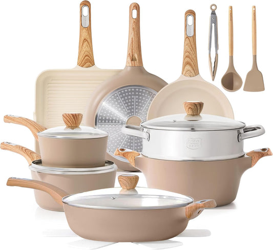 SENSARTE Ceramic Cookware Sets, Pots and Pans Set Nonstick, 20-Piece Induction Cookware, Non-toxic Healthy Non Stick Kitchen Cooking Set with Stay-Cool Handles, PFAS PTFE PFOA PFOS Free