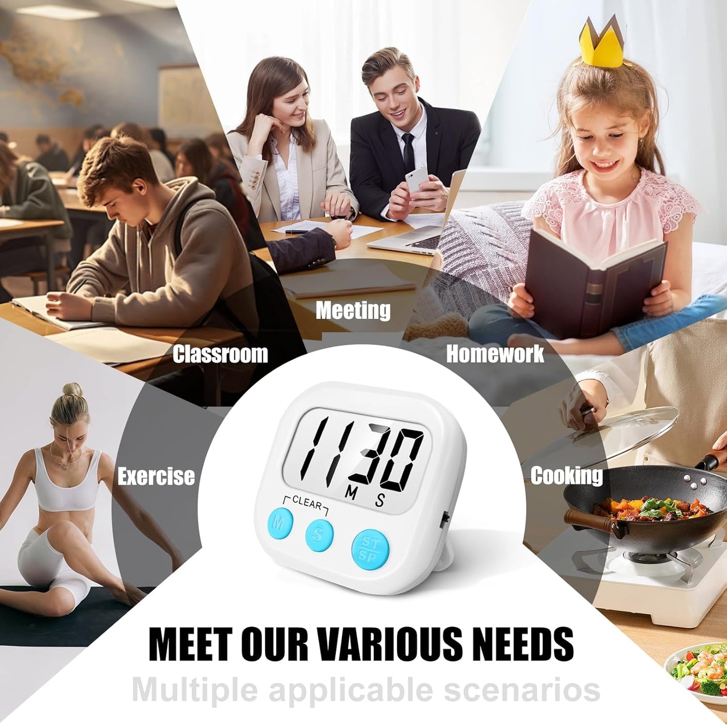 6 Pack Digital Kitchen Timers for Cooking Magnetic Timer for Cooking Loud Alarm White