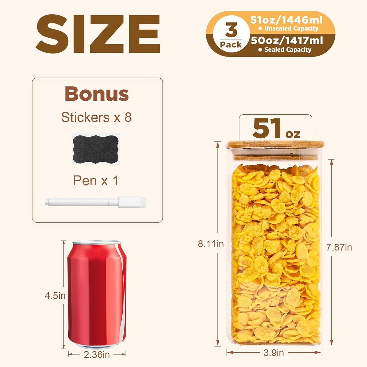 Glass Food Storage Jars Square 51oz, 3 Pack Glass Jars With Bamboo Lids, Kitchen Storage Containers For Spice, Candy, Cookie, Storage For Pantry Organizers