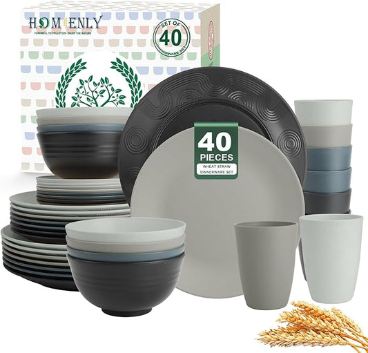 Homienly Premium 40 PCS Wheat Straw Dinnerware Set - Dinner Plates, Cereal Bowls, Unbreakable Cups Set, Microwave and Dishwasher Safe Dishes Set, Reusable Lightweight Dish Sets for Kitchen(Black Grey)