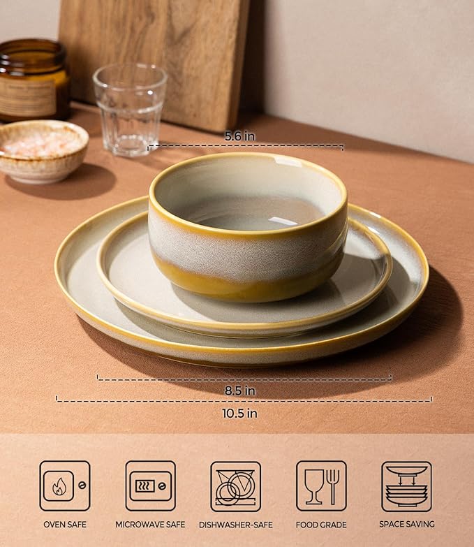 TheTerra Ceramic Dinnerware Sets for 4, 12 Pieces Handmade Reactive Glaze Plates and Bowls Set, Scratch Resistant Dish Set, Oven & Microwave & Dishwasher Safe, Autumn Haze