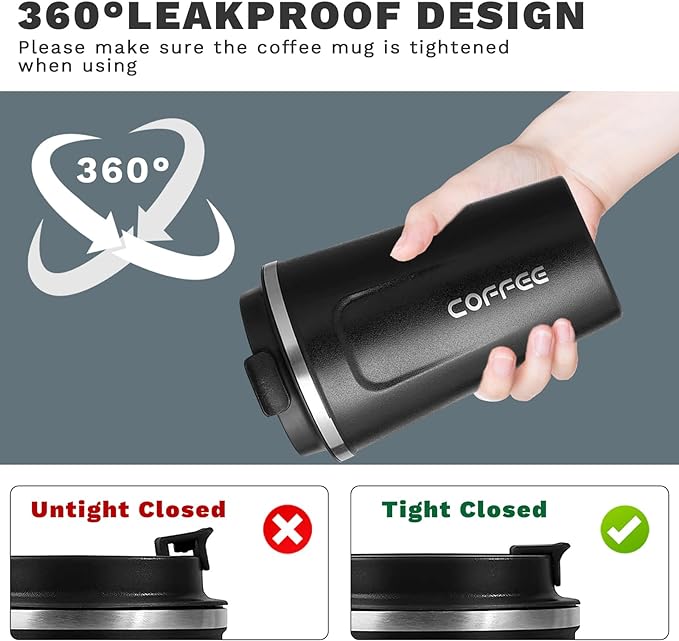 YINBAOGE Insulated Travel Coffee Mug, Spill & Leak Proof, Portable To Go Camping Stainless Steel Coffee Tumbler, Reusable Thermal Coffee Cup with Lid for Hot & Cold Drinks (2nd-Black, 17 OZ)