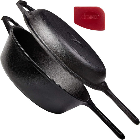 Cuisinel Cast Iron Skillet + Lid - 2-In-1 Multi Cooker - Deep Pot + Frying Pan - 3-Qt Dutch Oven - Pre-Seasoned Oven Cookware - Works for Bread, Indoor/Outdoor, Grill, Stovetop and Induction