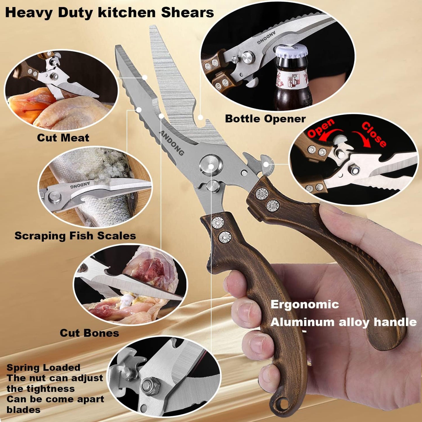 ANDONG Kitchen Shears - Heavy Duty Stainless Steel Poultry, Meat & Bone Scissors with Black Leather Sheath for Food