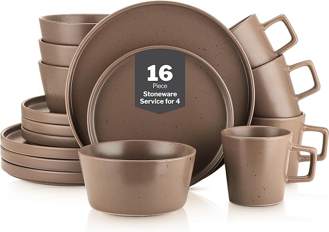 Stone Lain Celina Stoneware 16-Piece Modern Dinnerware Set, Plates and Bowls, Matte Brown, Service For 4, Microwave & Dishwasher Safe