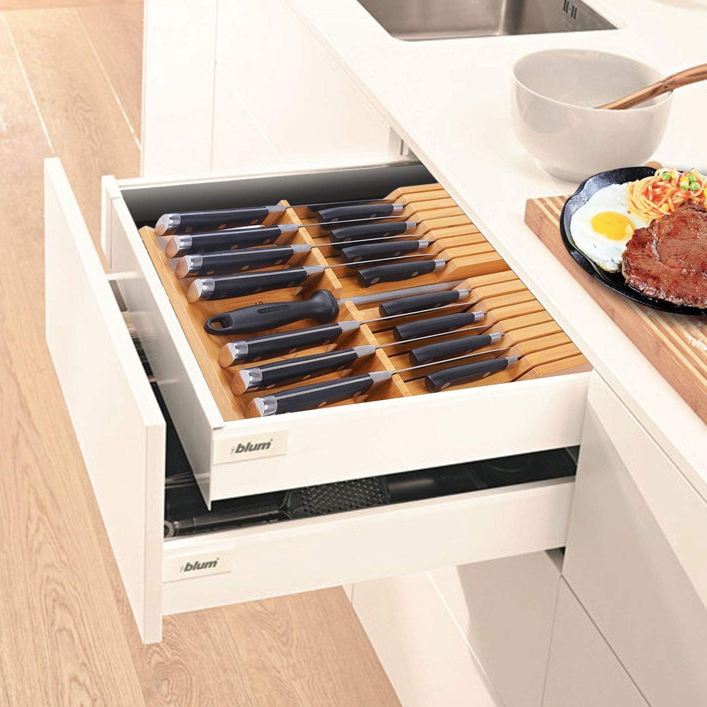 Utoplike In-drawer Knife Block Bamboo Kitchen Knife Drawer Organizer,Large handle Steak knife Holder without Knives, fit for 16 knives and 1 Sharpening Steel