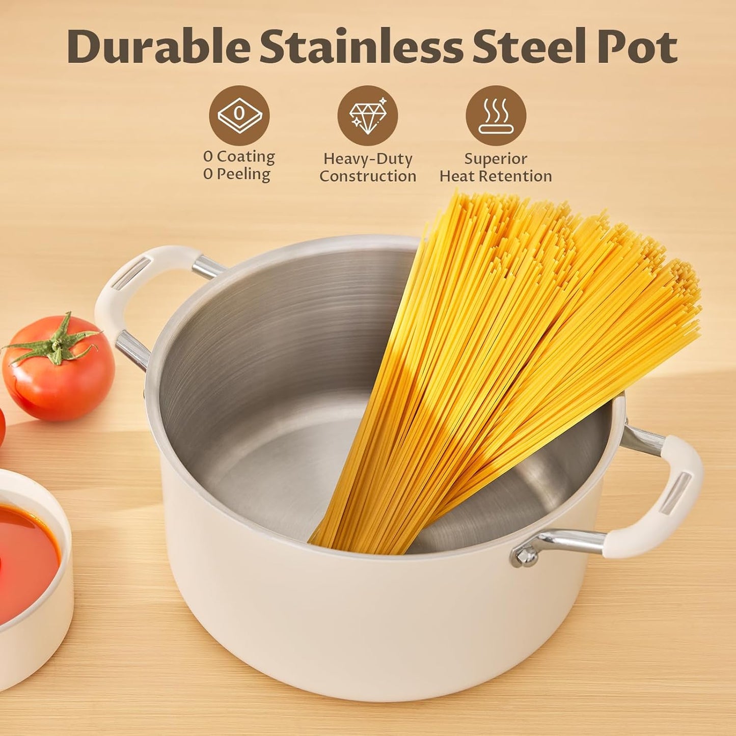 10 Quart Pot with Lid, BEZIA Tri-Ply Stainless Steel Stock Pots, Large Cooking Pots with Silicone Handle, Soup Pot for Induction Cooktop, Compatible with All Cooktops, Dishwasher Safe